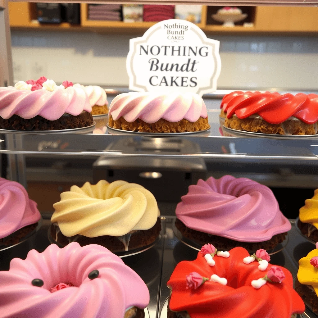 A display of freshly baked Nothing Bundt Cakes with colorful icing and elegant decorations inside a bakery case.