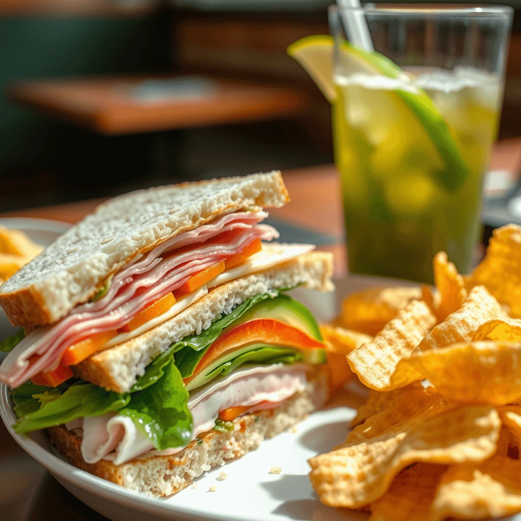 A close-up shot of a fresh Panera Bread sandwich with turkey, avocado, and fresh veggies, served on a plate with a side of crispy chips and a refreshing drink.