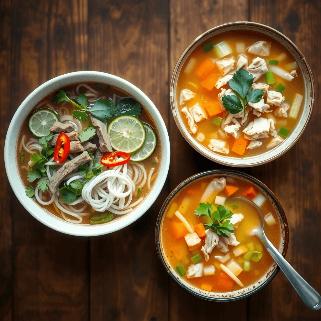 A side-by-side comparison of a steaming bowl of Vietnamese pho with fresh herbs and a bowl of golden chicken soup with shredded chicken and vegetables.