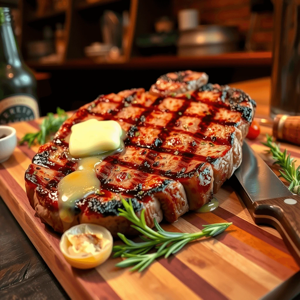 Juicy grass-fed ribeye steak with golden sear marks, topped with herb butter and fresh rosemary, served on a wooden cutting board.