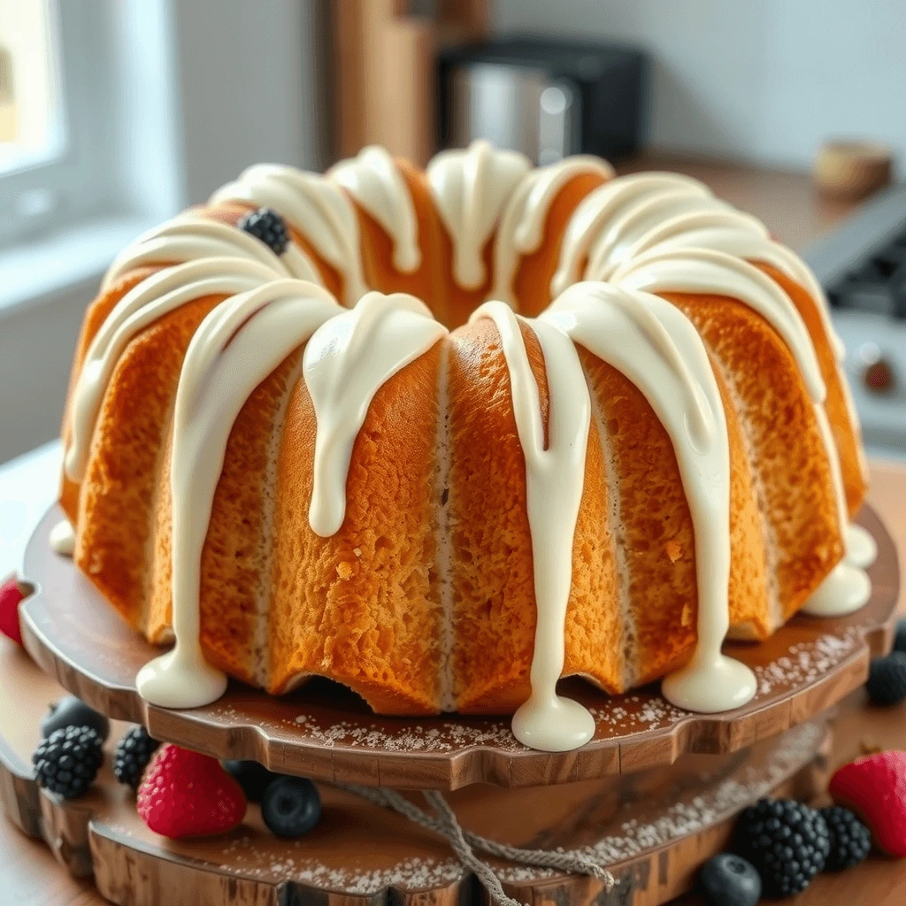 A golden vanilla bundt cake with thick cream cheese frosting drizzled elegantly, surrounded by fresh berries on a wooden cake stand.