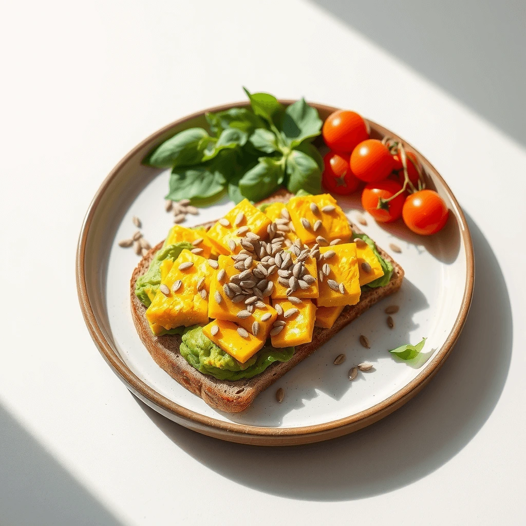 High-protein breakfast featuring scrambled tofu on avocado toast with hemp seeds.