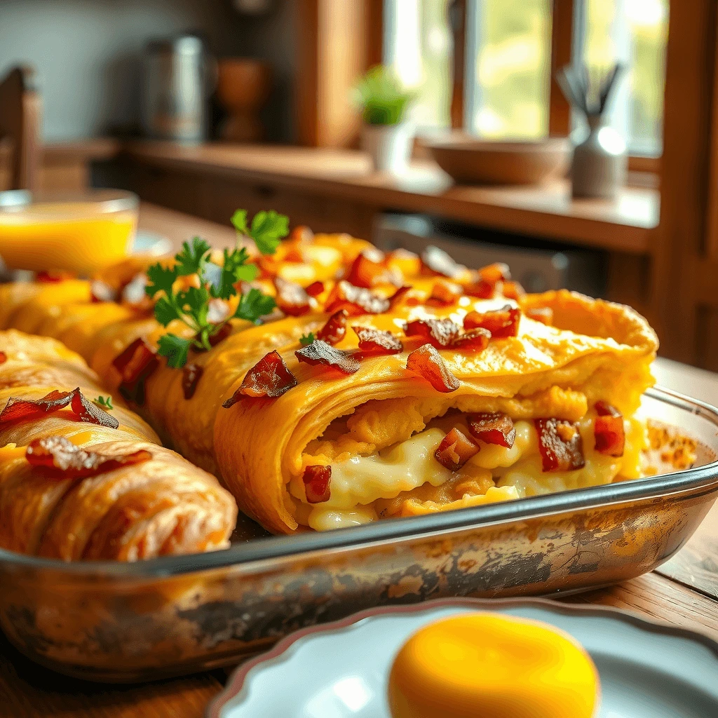 A golden-brown croissant breakfast casserole with layers of eggs, cheese, and bacon, served in a rustic baking dish.
