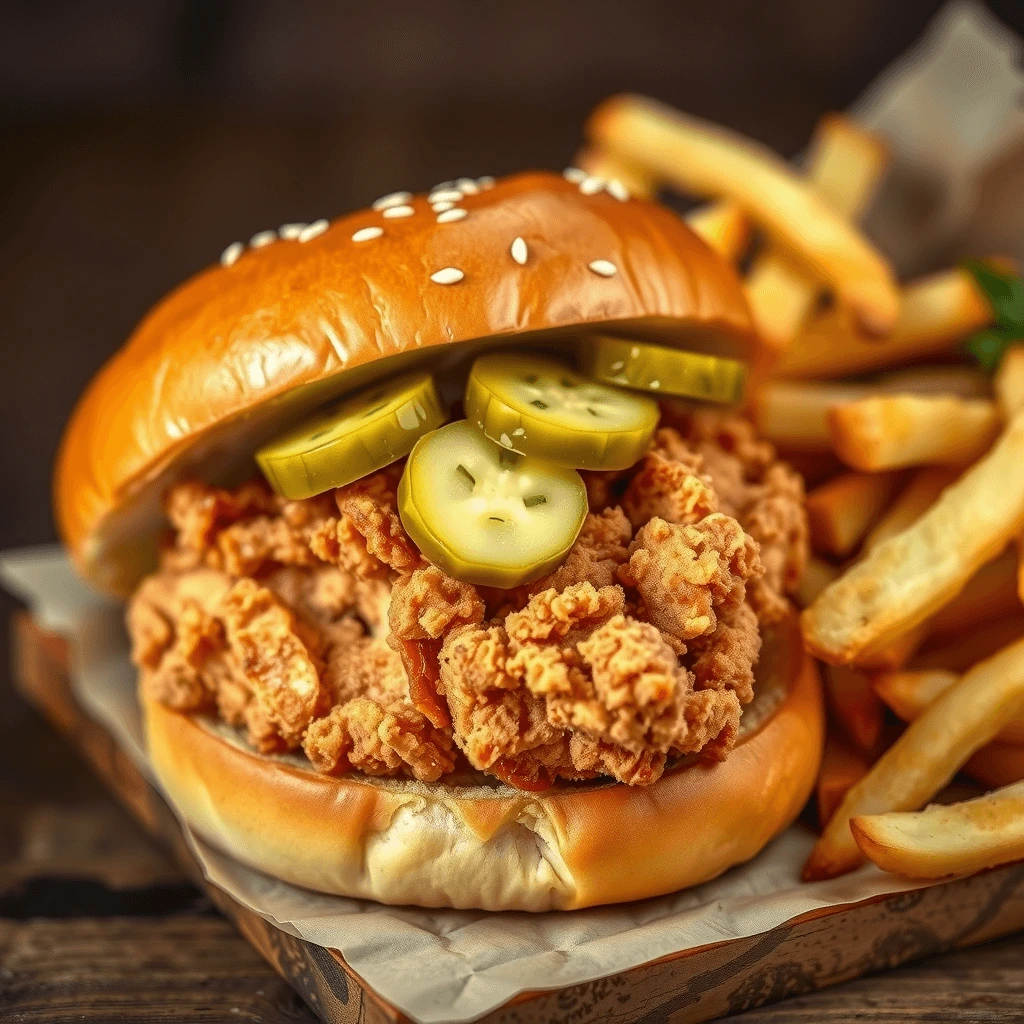 Crispy chicken sandwich topped with dill pickles served with fries.