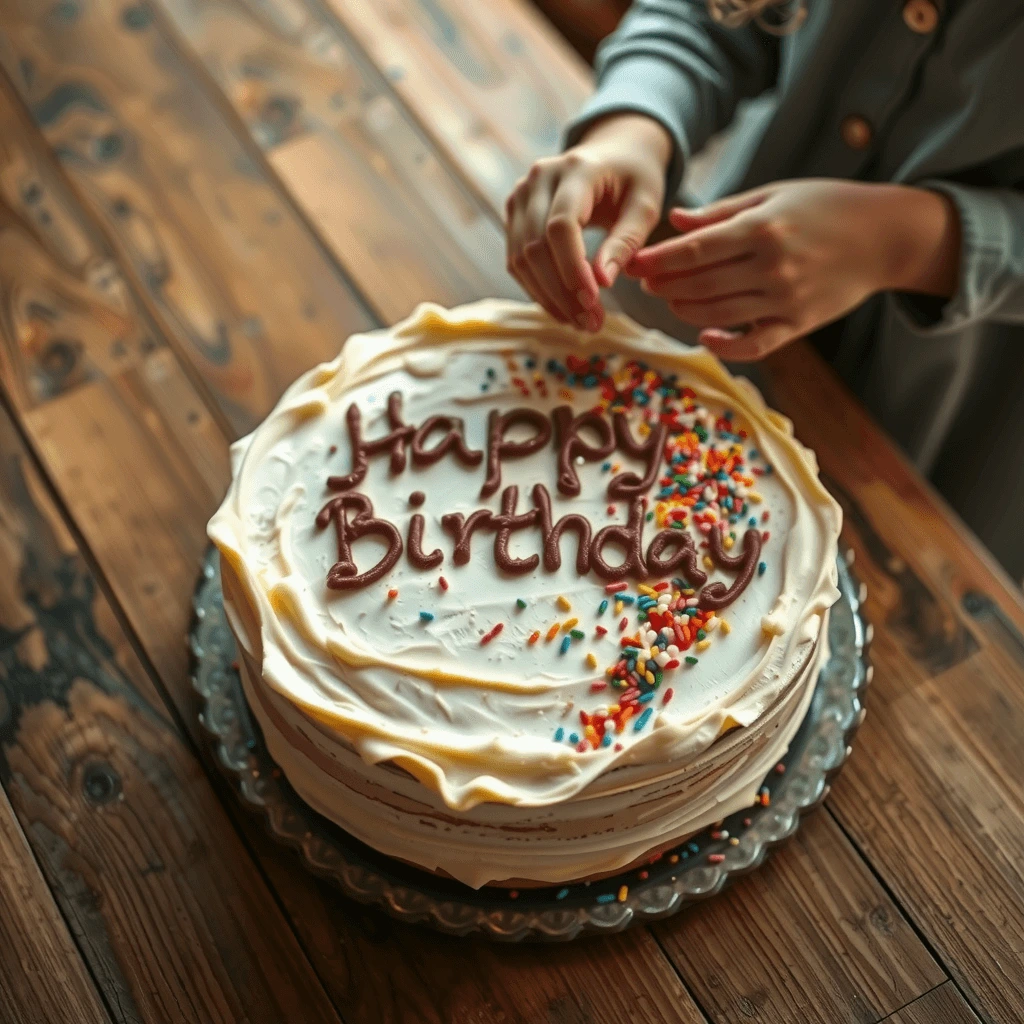 A child decorating a homemade birthday cake with colorful sprinkles and chocolate lettering that reads "Happy Birthday" on a rustic wooden table.