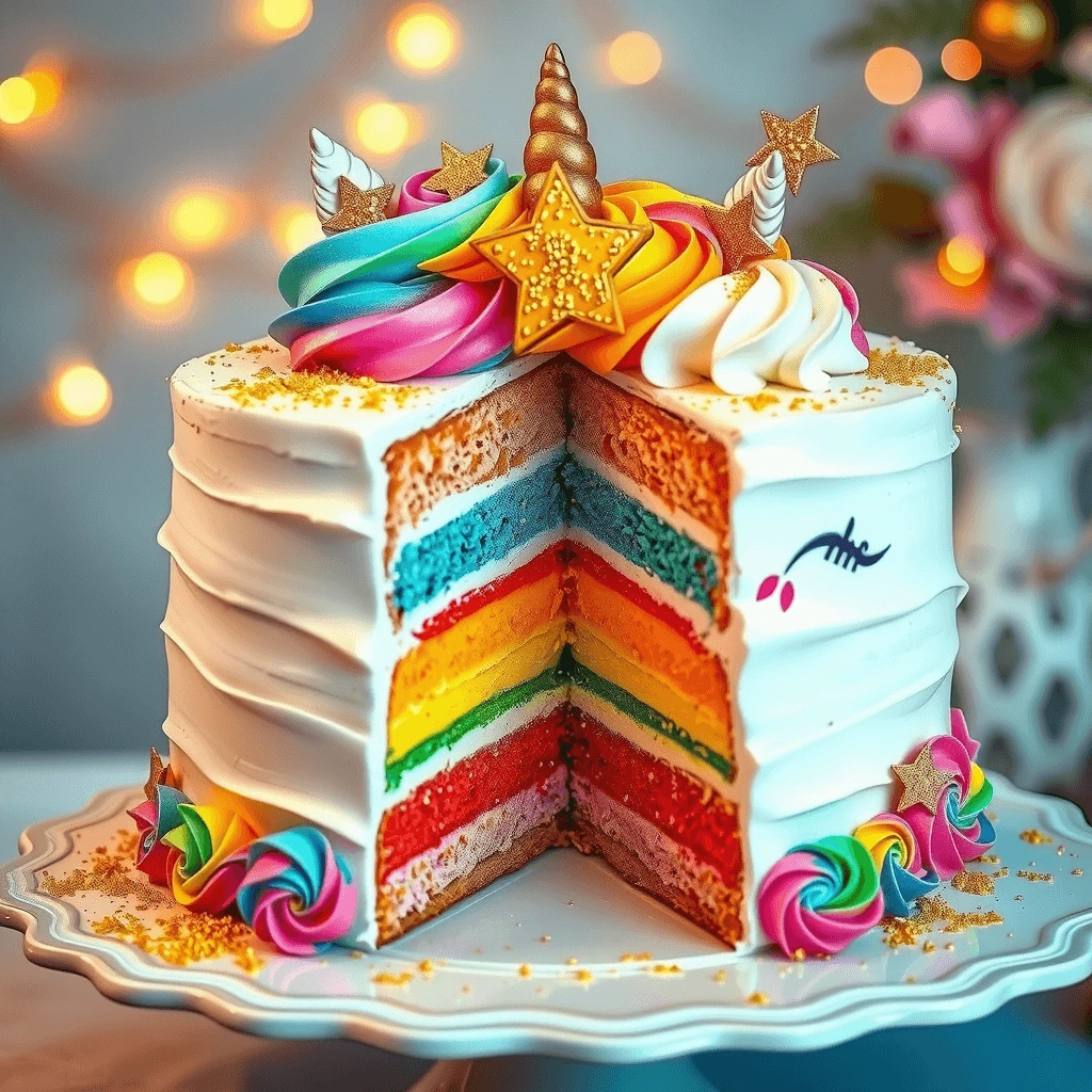 A sliced rainbow unicorn cake with vibrant layered colors, topped with golden decorations, buttercream swirls, and a shimmering fondant horn.