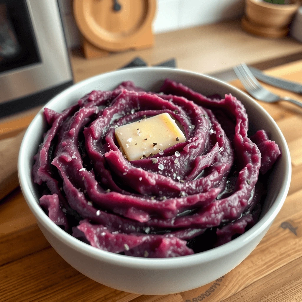 A bowl of creamy mashed purple potatoes topped with melting butter and black pepper.
