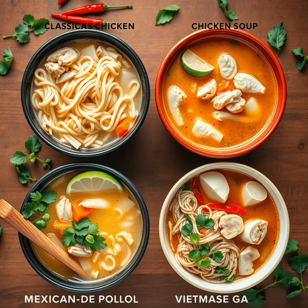 A top-down view of four different chicken soups – classic chicken noodle, creamy chicken soup, Mexican caldo de pollo, and Vietnamese pho ga.