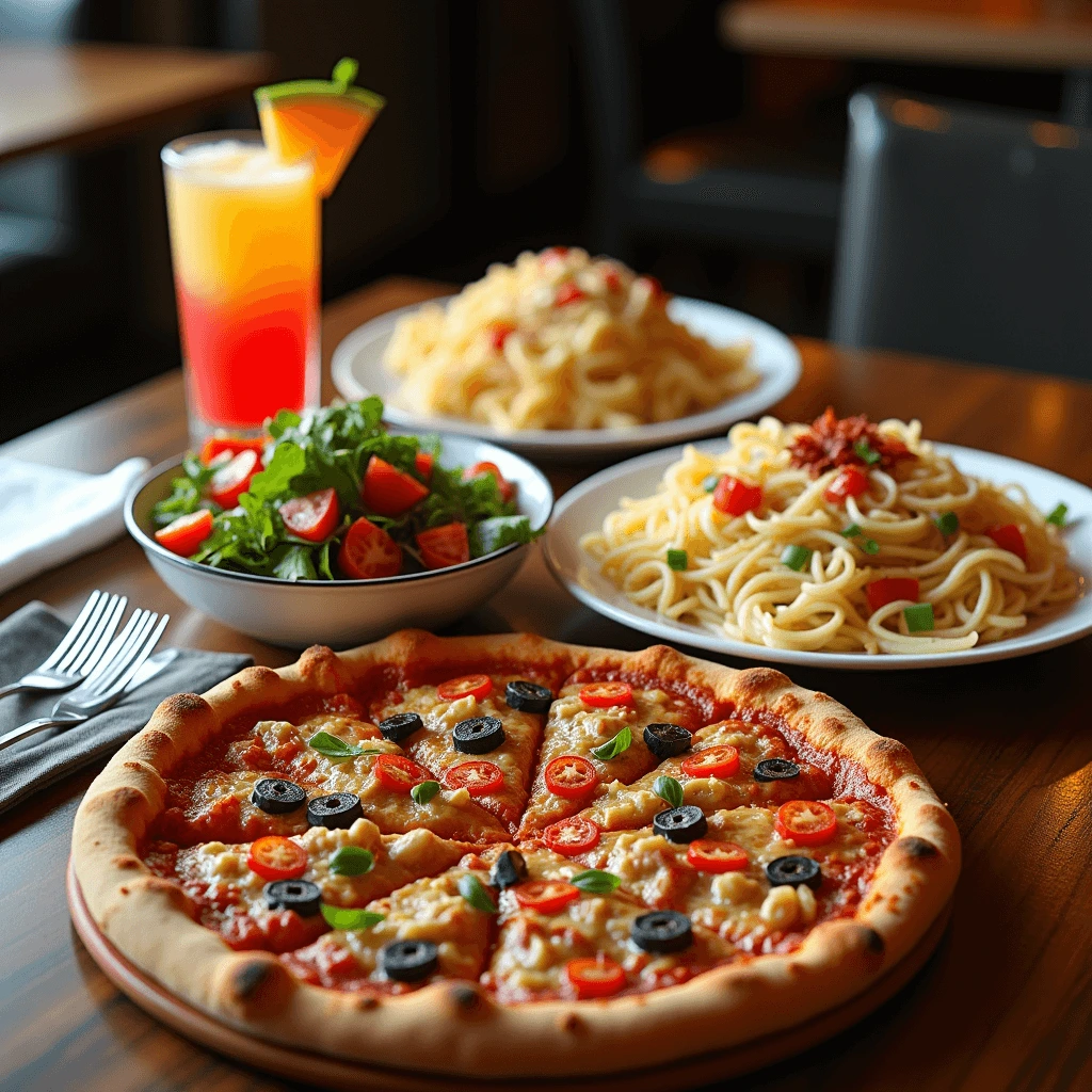 An assortment of California Pizza Kitchen dishes, including BBQ Chicken Pizza, fettuccine pasta, Cobb Salad, and a tropical drink on a table.