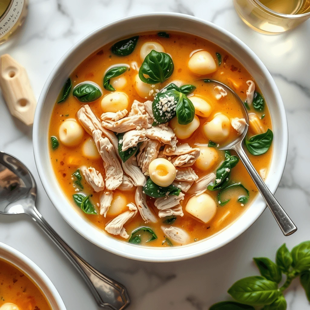 A rich, creamy bowl of chicken and gnocchi soup with spinach and shredded chicken in a velvety broth.