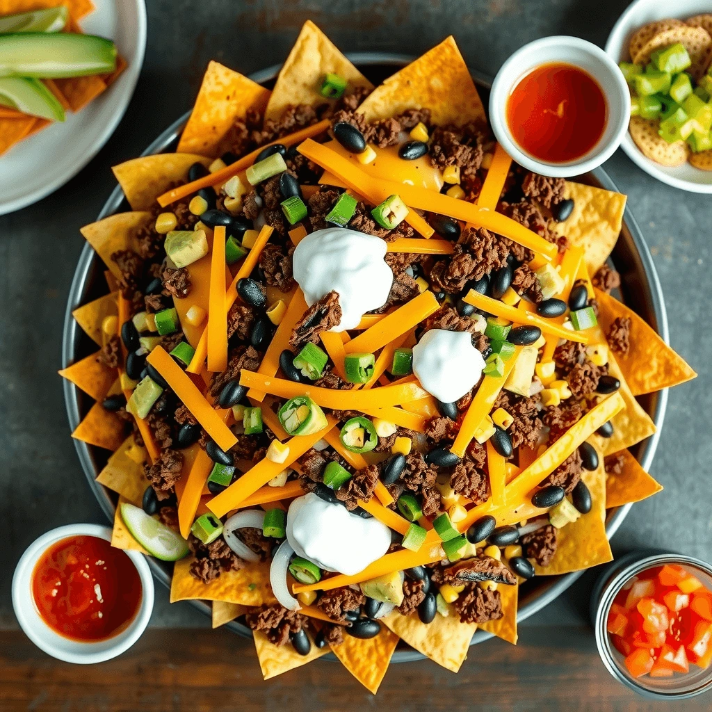 Nachos with melted Chihuahua cheese, ground beef, black beans, corn, and sour cream