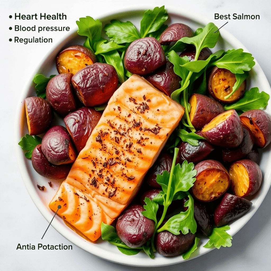 Roasted purple potatoes with greens and salmon, highlighting purple potatoes benefits like heart health and anti-inflammatory properties.