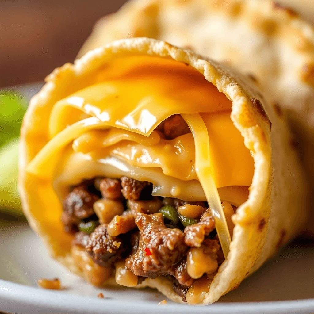 Close-up of a Cheesy Gordita Crunch with layers of beef, melted cheese, and a crispy taco shell.