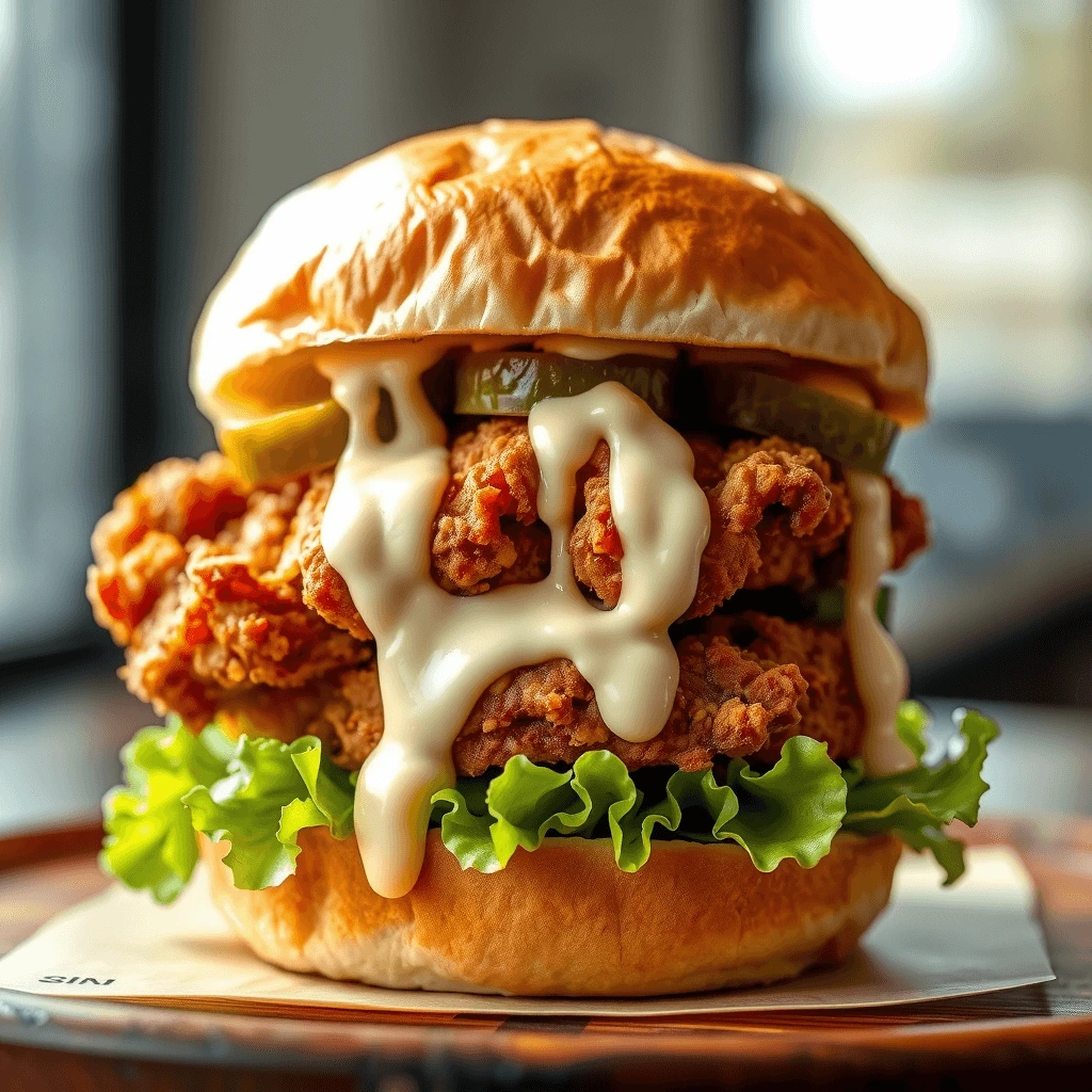 A crispy Crown Fried Chicken sandwich with dill pickle slices, fresh lettuce, and creamy mayonnaise, all stacked on a toasted burger bun.