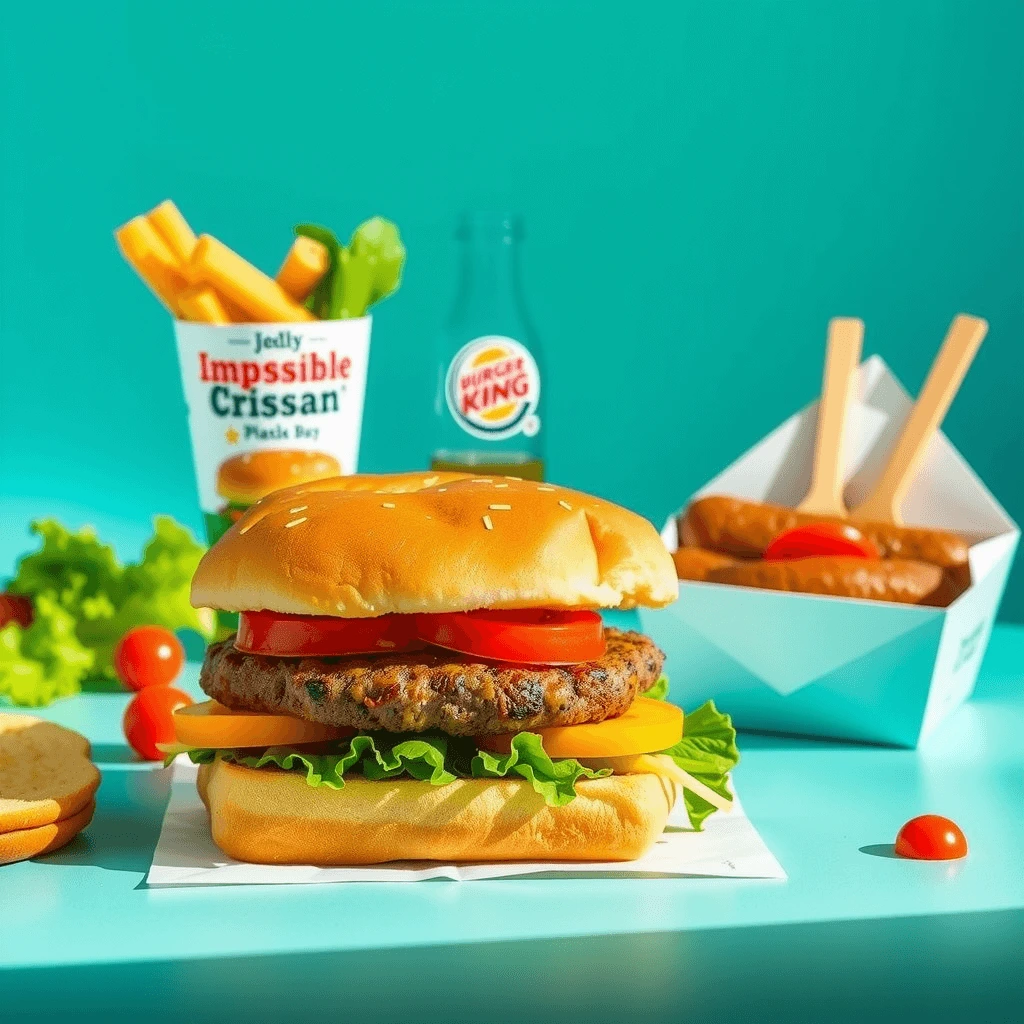 Plant-based breakfast items from Burger King, including Impossible Croissan'wich and fresh veggies.