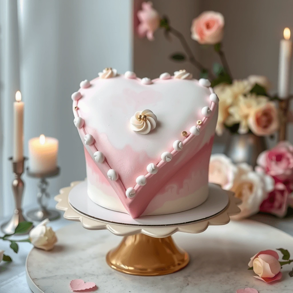 A perfectly frosted heart cake with pink buttercream and elegant piping.