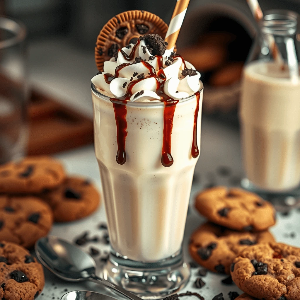 Indulgent cookies & cream milkshake topped with whipped cream and Hy-Vee Cookies & Cream Mix cookies.