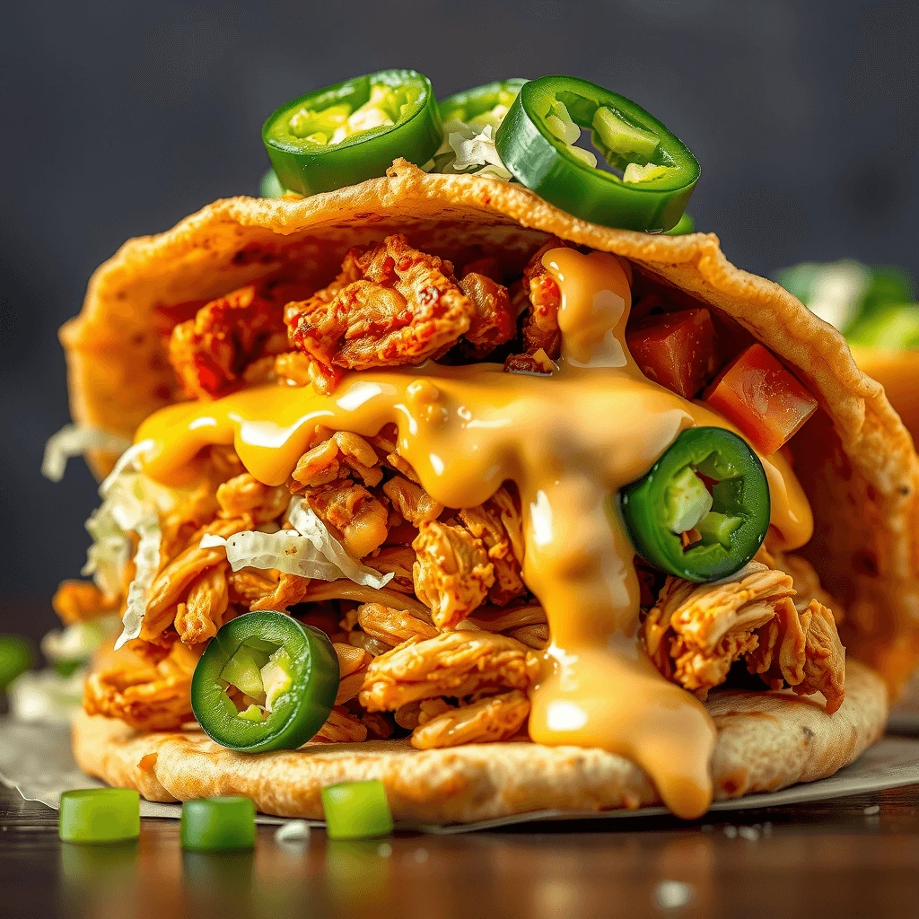 A spicy Cheesy Gordita Crunch stuffed with shredded chipotle chicken, melted Pepper Jack cheese, a crunchy taco shell, and topped with jalapeños.