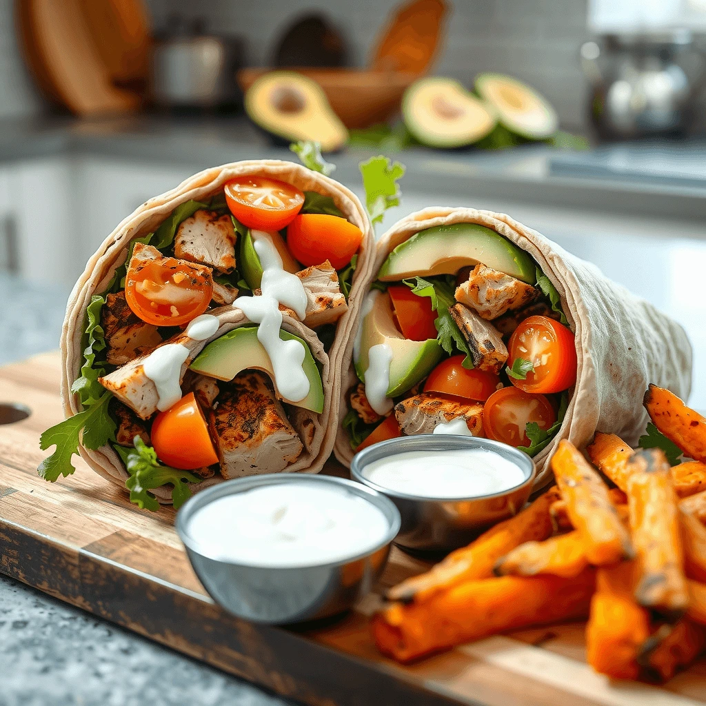 A sliced chicken and avocado wrap on a wooden board, filled with grilled chicken, creamy avocado, crisp lettuce, and tomatoes.