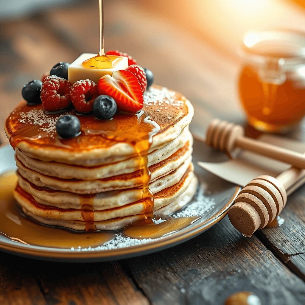 Best breakfast restaurants near me serving fluffy whole-grain pancakes topped with fresh berries and maple syrup.