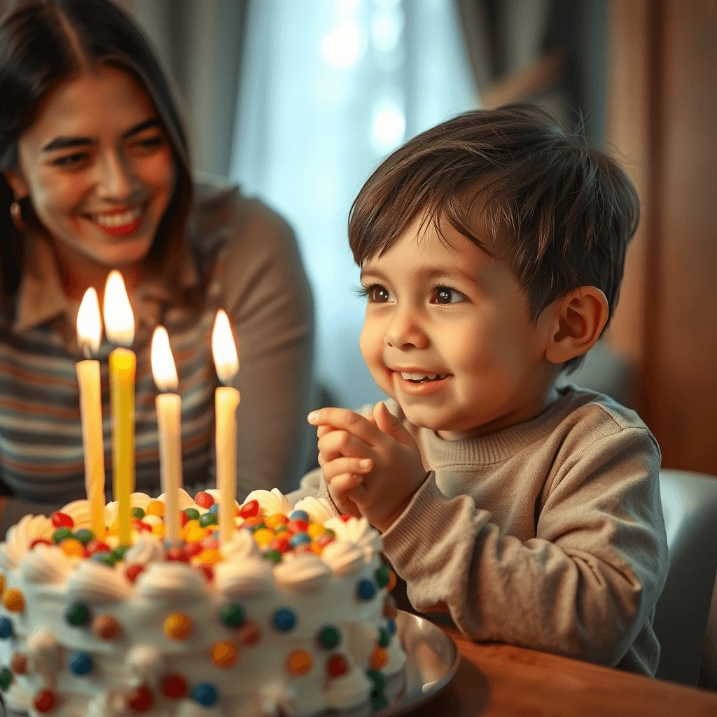 A young child with bright eyes and a big smile sits in front of a homemade birthday cake with lit candles, while a loving single mother watches happily.