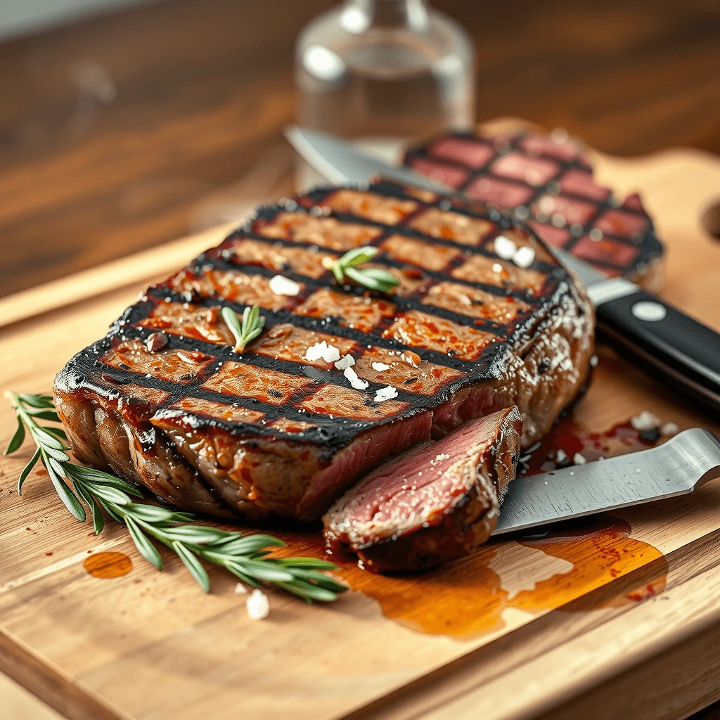 Juicy grass-fed beef steak with grill marks, garnished with rosemary and sea salt on a wooden cutting board.