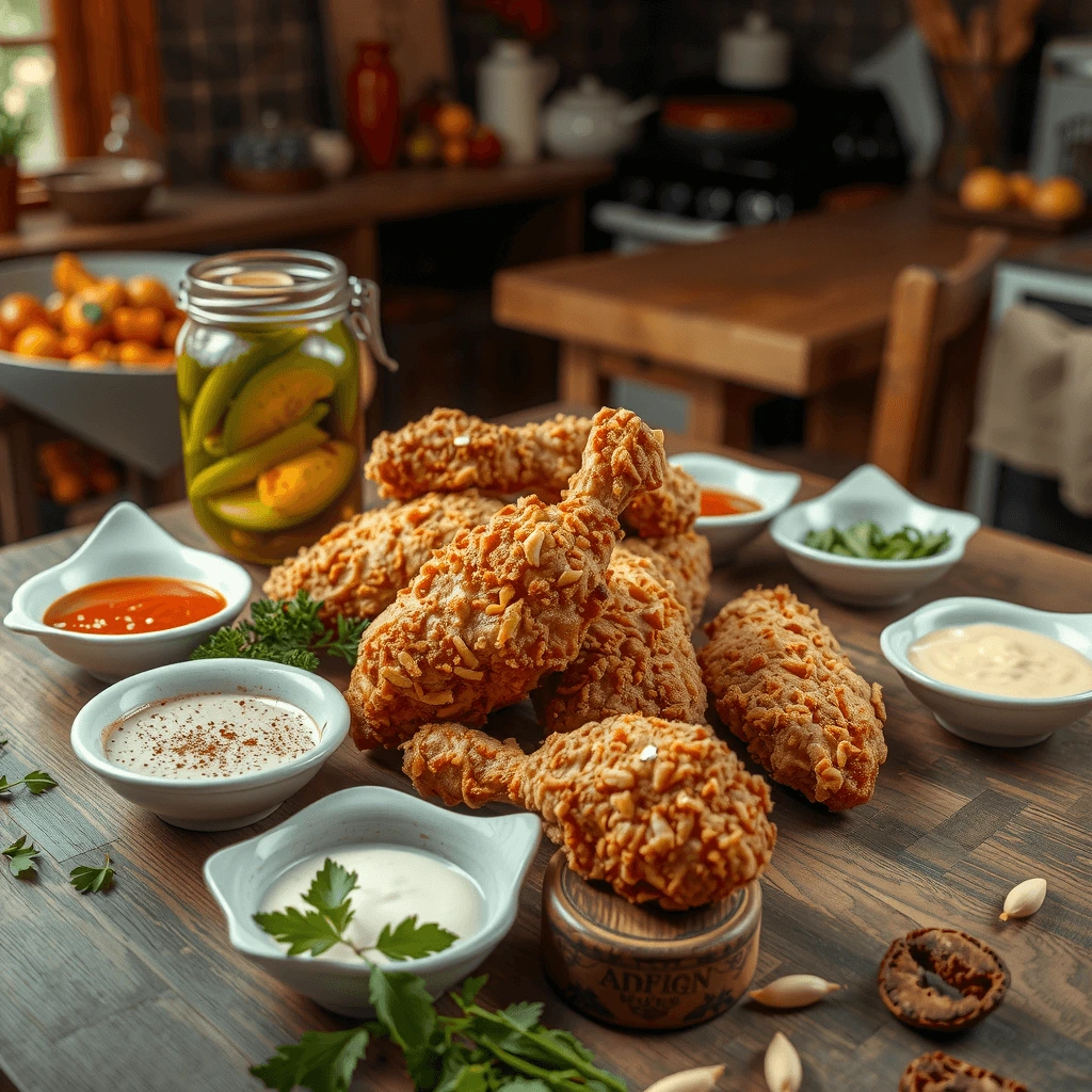 Crispy fried chicken pieces served with dipping sauces and a jar of pickles on a rustic wooden table.