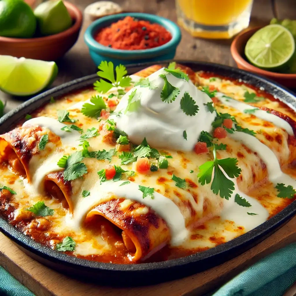 Enchiladas Suizas topped with melted Chihuahua cheese and garnished with cilantro and cream.