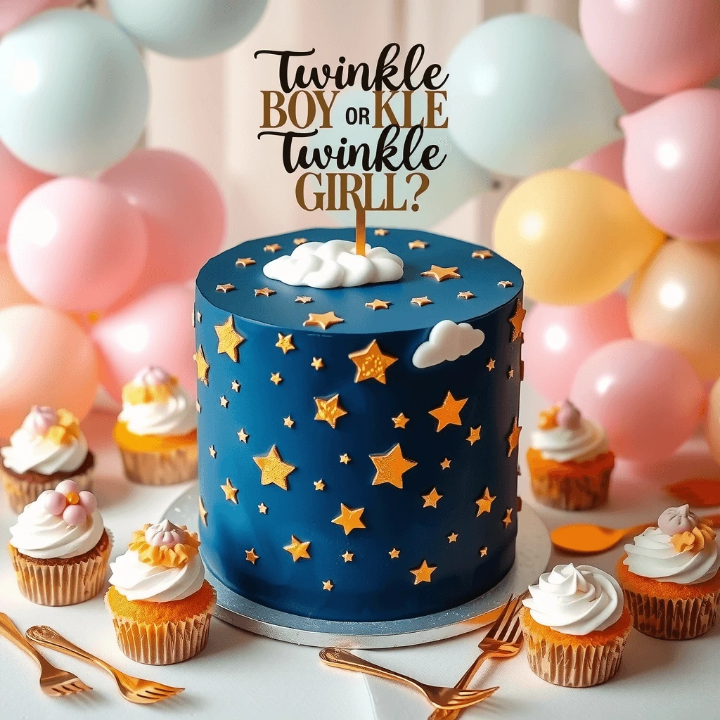 A stunning deep blue gender reveal cake decorated with golden stars and white fondant clouds, topped with a "Twinkle Boy or Twinkle Girl?" cake topper. Surrounding the cake are matching cupcakes with pastel decorations, set against a background of soft pink, blue, and yellow balloons.