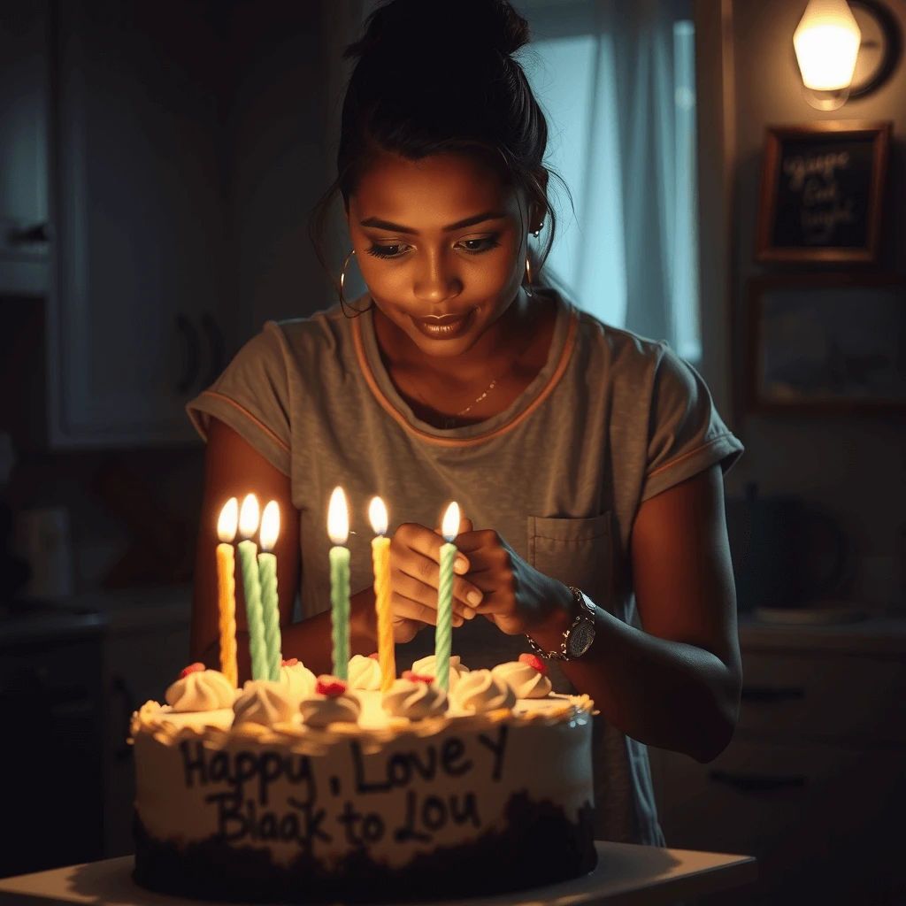 A single mother in a dimly lit kitchen, smiling warmly as she lights candles on a homemade birthday cake, creating a heartfelt moment.