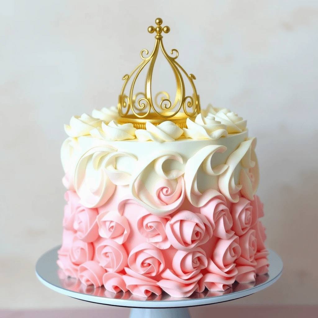 A beautifully decorated princess cake with pink and white frosting, elegant floral designs, and a golden crown topper.