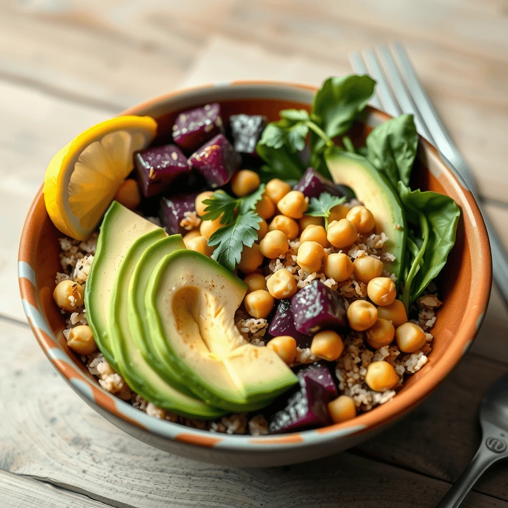 A vegan Buddha bowl with roasted purple potatoes, quinoa, avocado, chickpeas, and fresh greens.