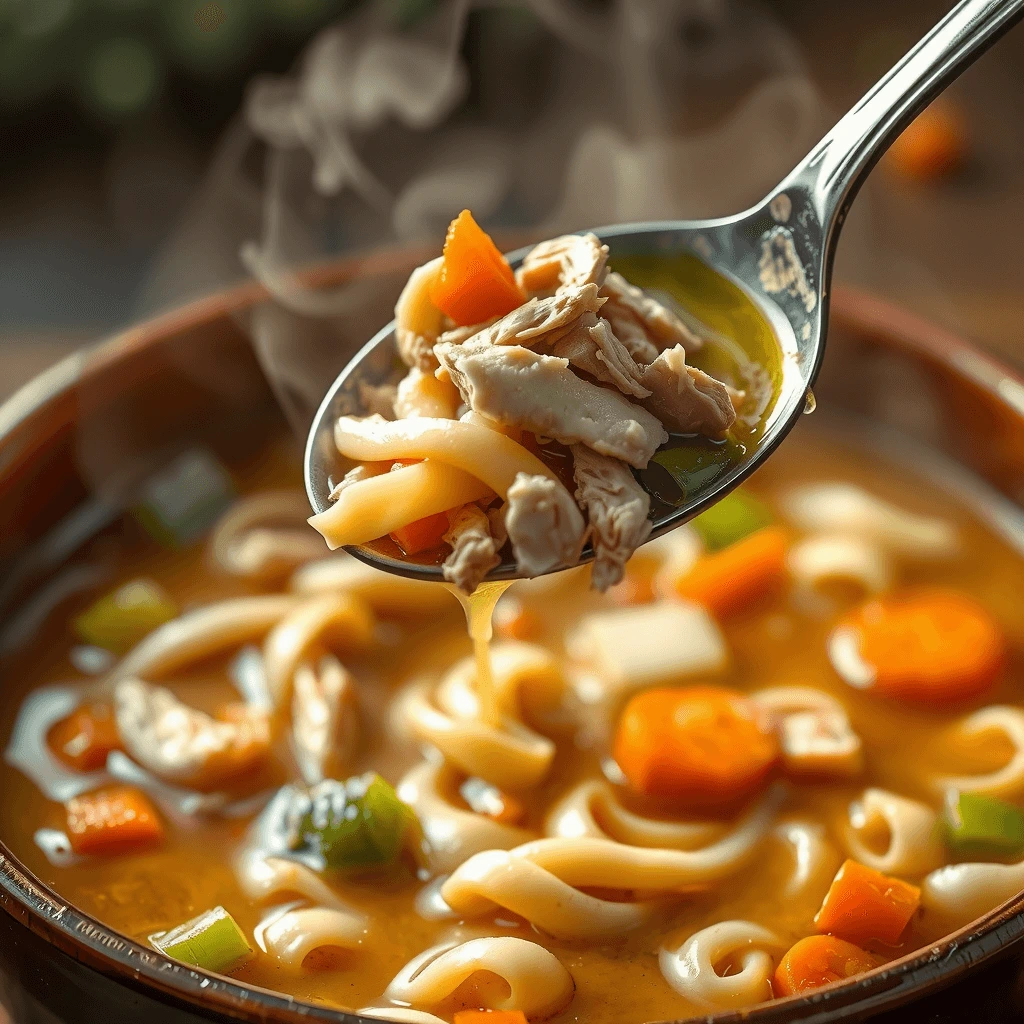 Close-up of a spoon lifting hot chicken noodle soup with tender shredded chicken, egg noodles, and vegetables from a deep bowl.