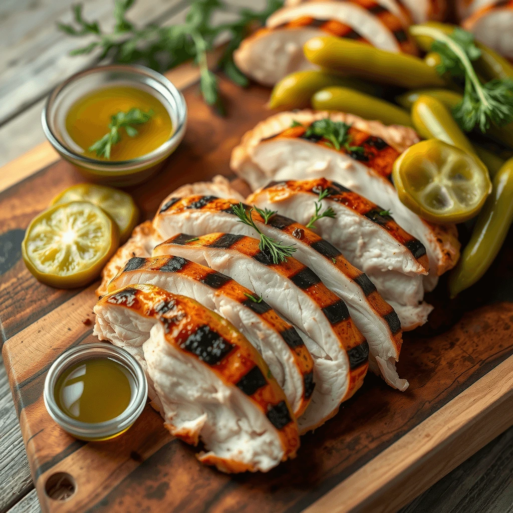 Grilled chicken breast marinated in pickle brine, sliced and arranged on a wooden cutting board with fresh pickles.