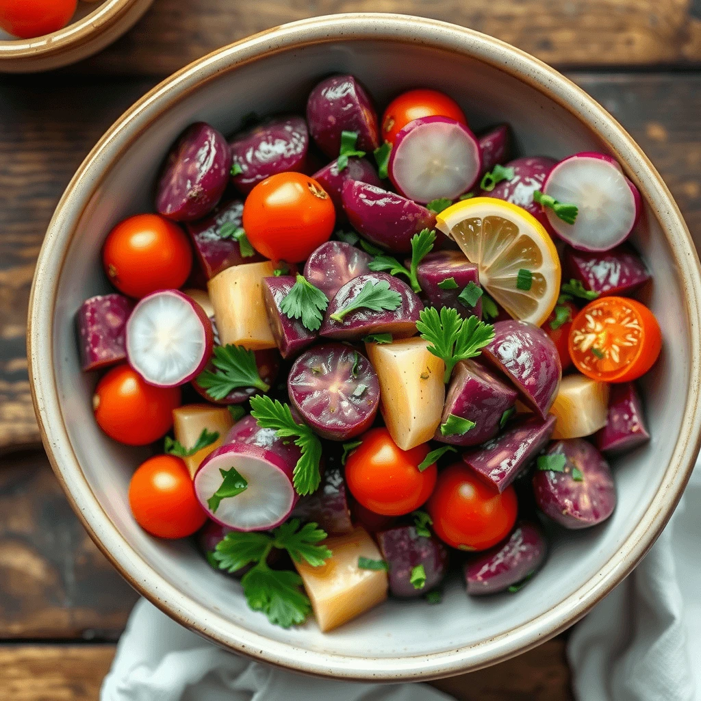 A vibrant purple potato salad with lemon dressing, cherry tomatoes, radishes, and fresh herbs in a rustic ceramic bowl.