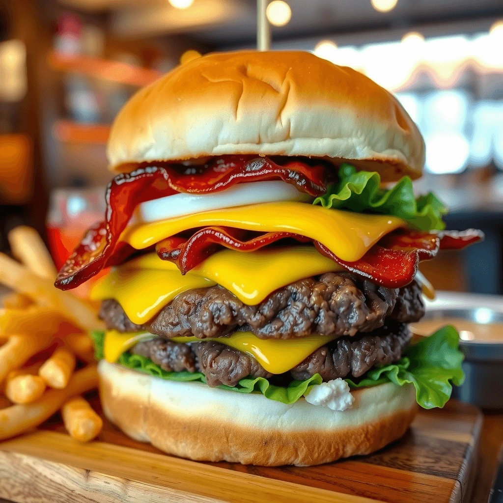 A mouthwatering double cheeseburger with crispy bacon, fresh lettuce, and melted cheese, served with golden fries.