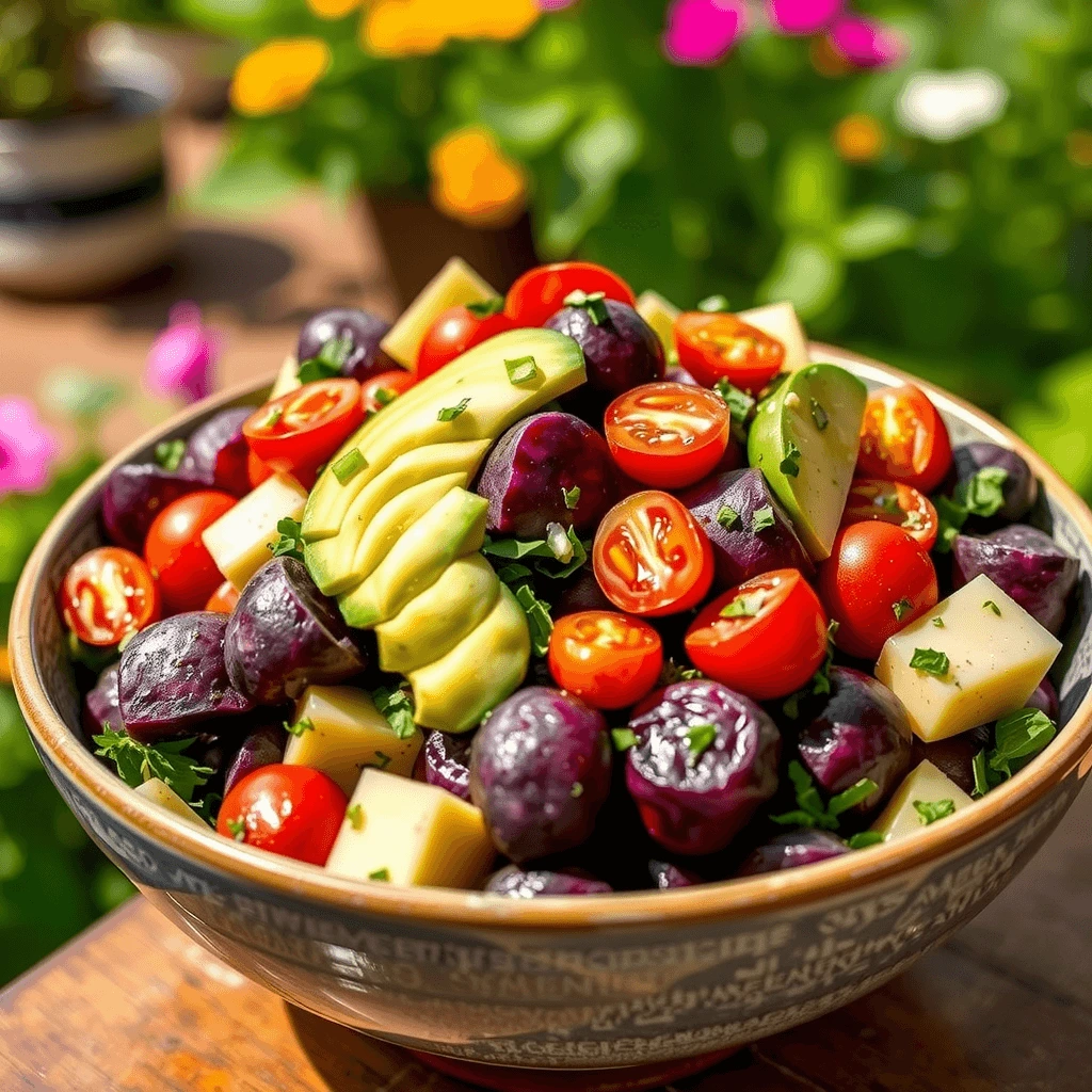 Purple potato salad with avocado dressing, cherry tomatoes, and cucumbers in a ceramic bowl.