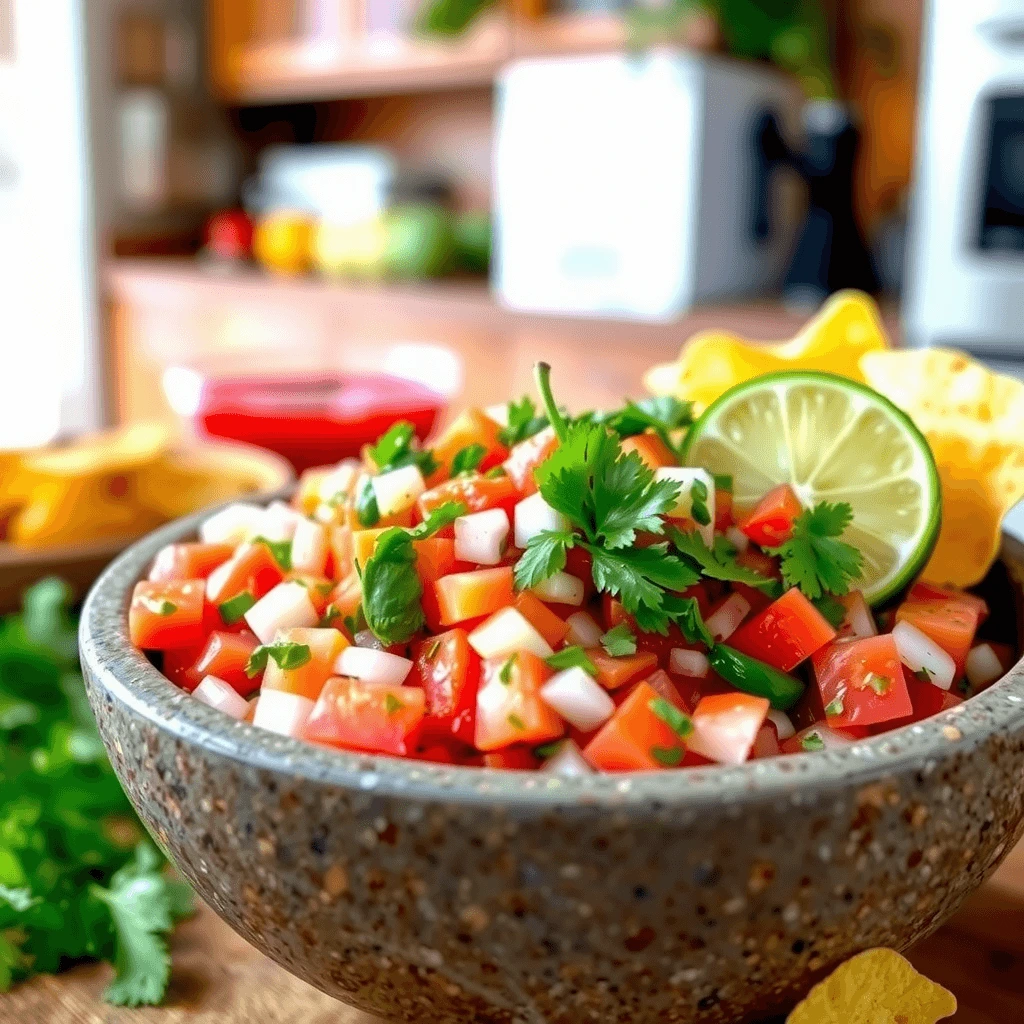 A vibrant bowl of spicy banana pepper salsa with chopped tomatoes, onions, cilantro, and lime, served with tortilla chips.