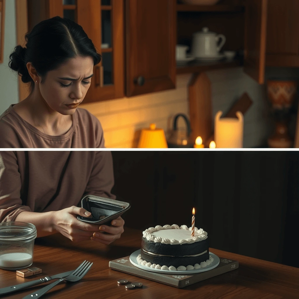 A single mother looking at an empty wallet, then baking a cake from scratch to create a special birthday moment for her child.