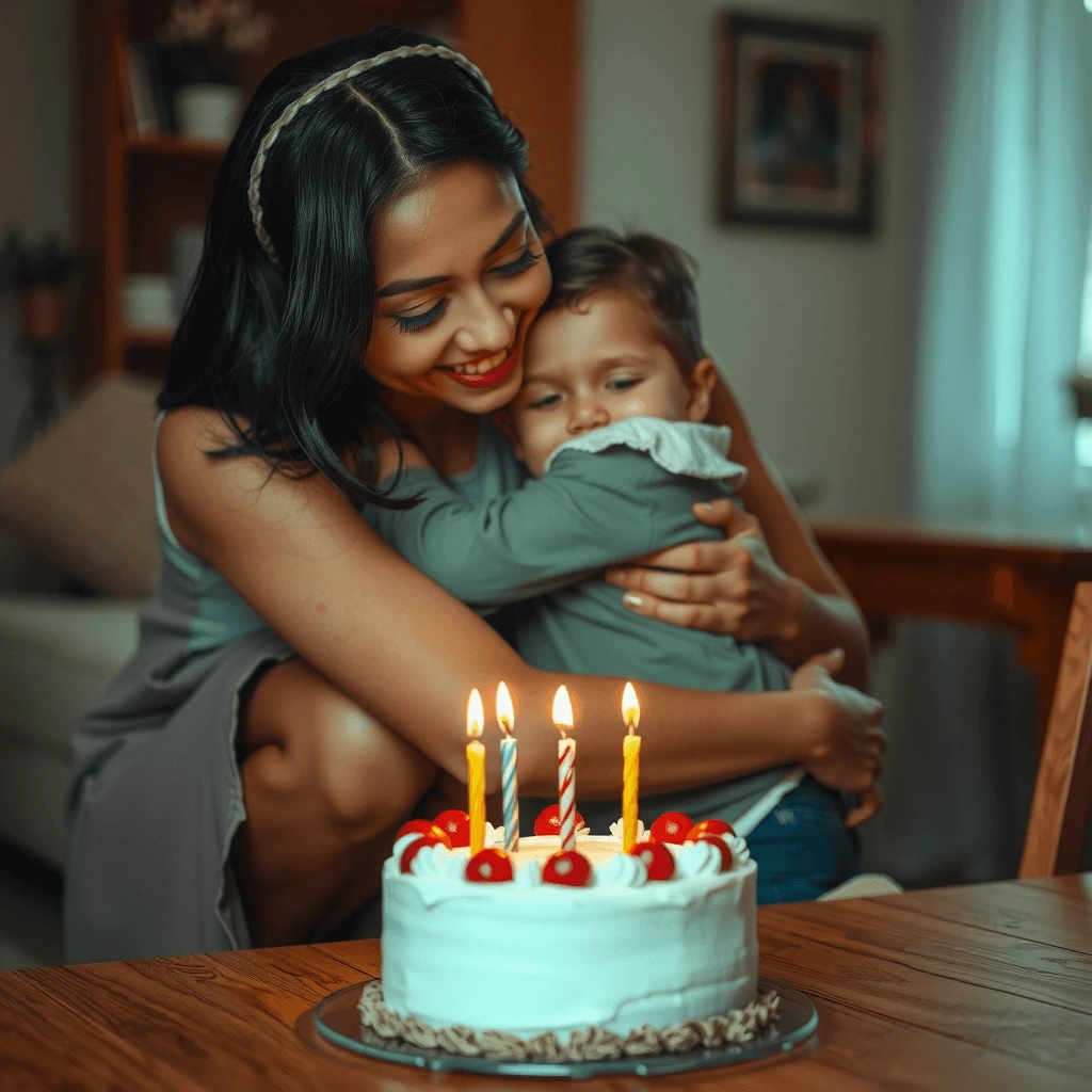 A loving single mother hugs her young child tightly in a warm home, with a homemade birthday cake with lit candles on the table in front of them.