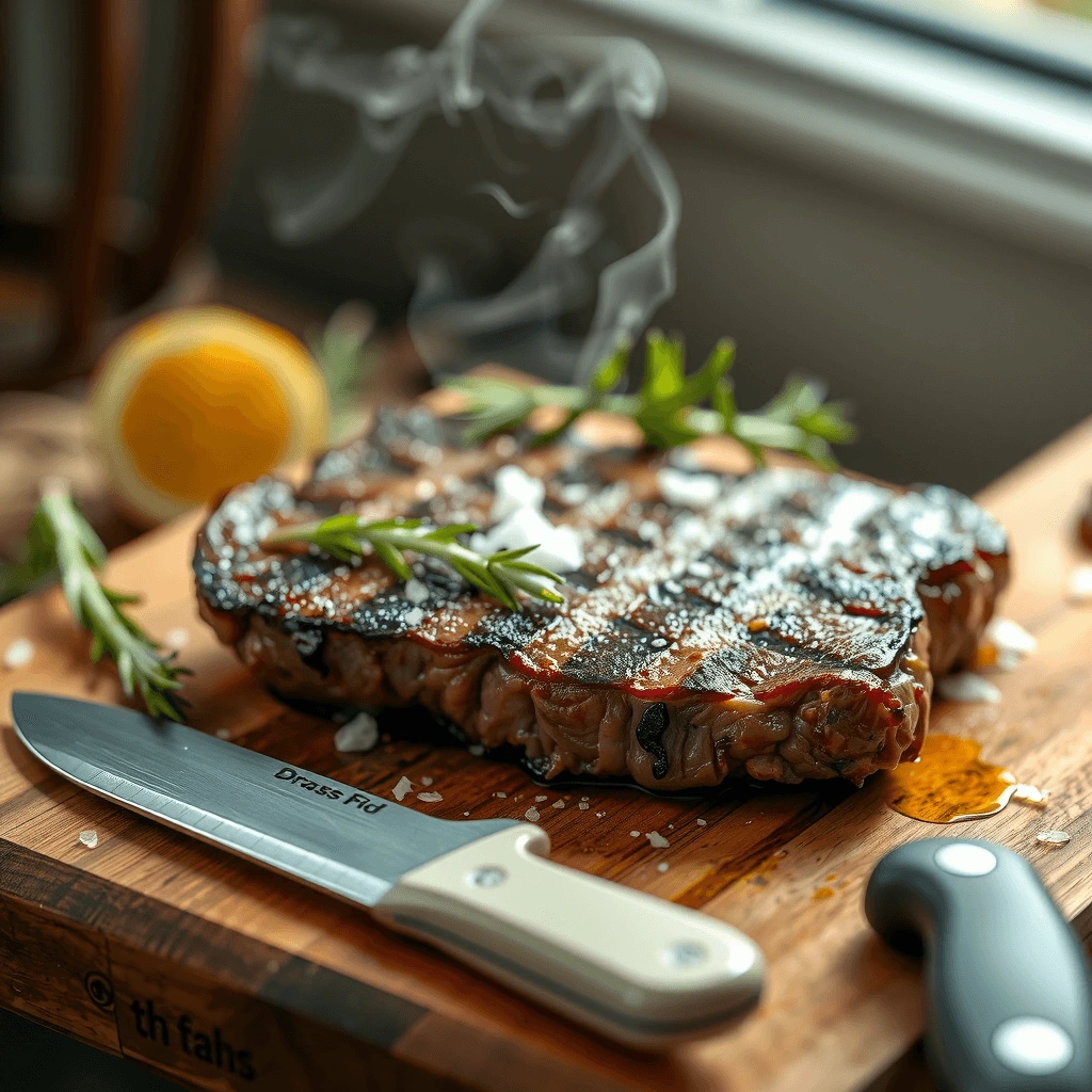 Grass-fed beef steak with grill marks, topped with sea salt and garnished with rosemary, resting on a wooden board with a chef’s knife.