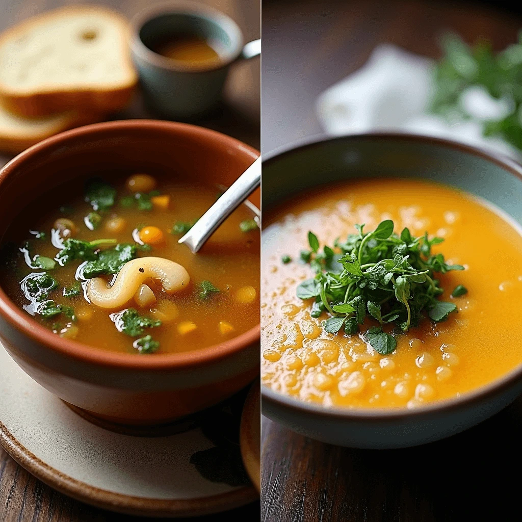 A split-screen comparison of homemade chicken soup with rustic plating vs. a gourmet restaurant-style chicken soup with elegant presentation.