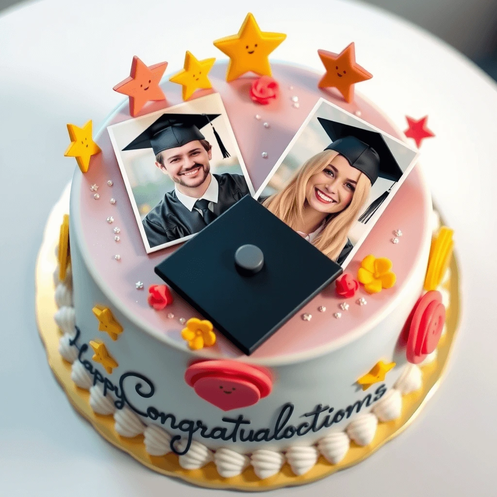 Heartwarming graduation cake with edible photos of the graduate, stars, and flowers.