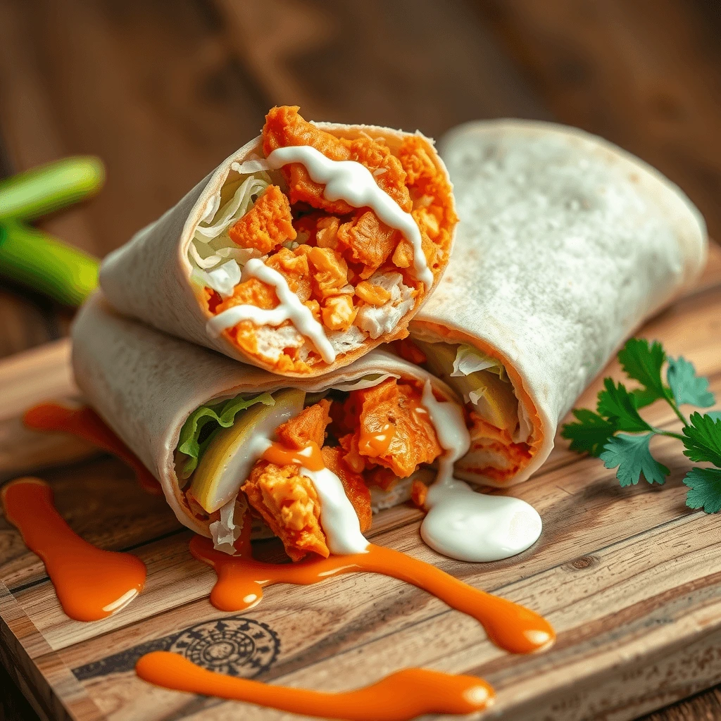 Buffalo chicken wrap with spicy chicken, crunchy pickles, lettuce, and ranch dressing inside a soft tortilla.