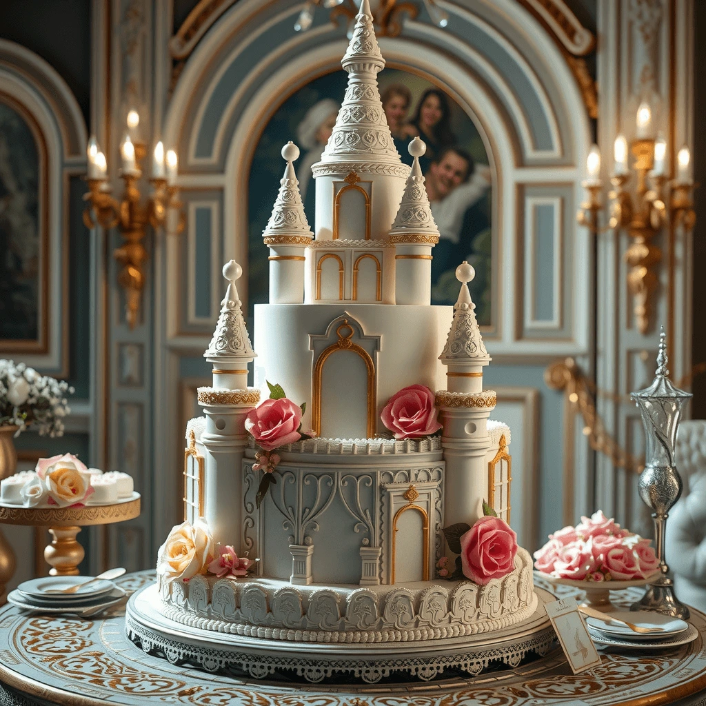 A luxurious castle-themed cake with intricate gold and white detailing, adorned with pink roses, set in an elegant ballroom.