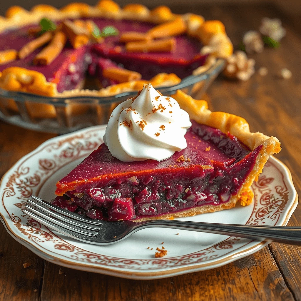 A slice of Okinawan purple sweet potato pie with a golden crust, topped with whipped coconut cream and cinnamon.