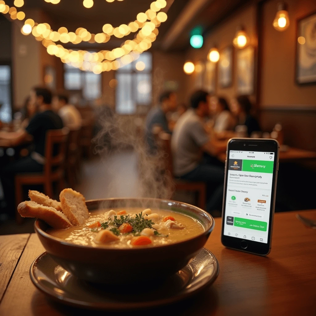 A cozy restaurant table with a hot bowl of chicken soup and a smartphone displaying a food delivery app.