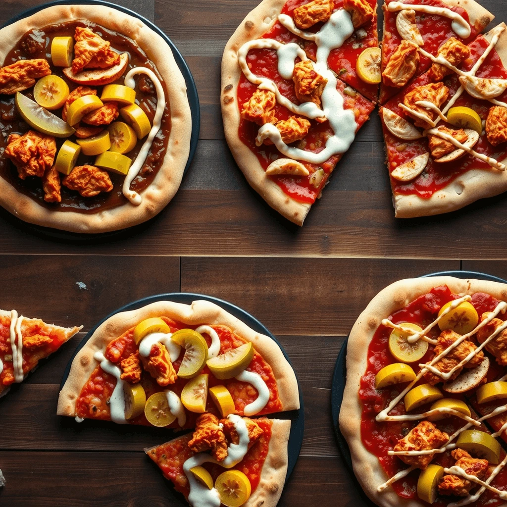 A top-down view of four chicken and pickle pizza variations, including BBQ, Buffalo, classic dill, and Nashville hot chicken.