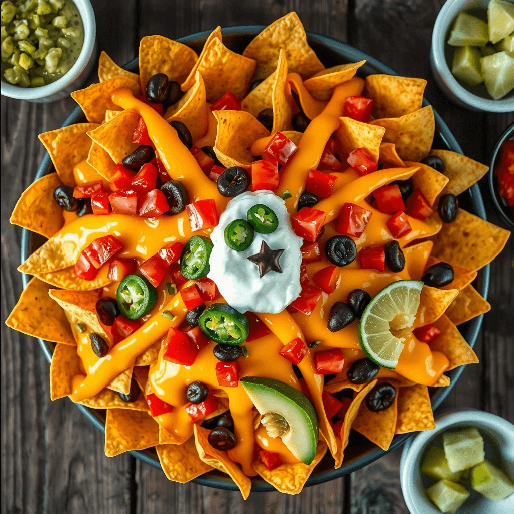 A vibrant nacho platter with melted Chihuahua cheese, tortilla chips, diced tomatoes, jalapeños, and sour cream.