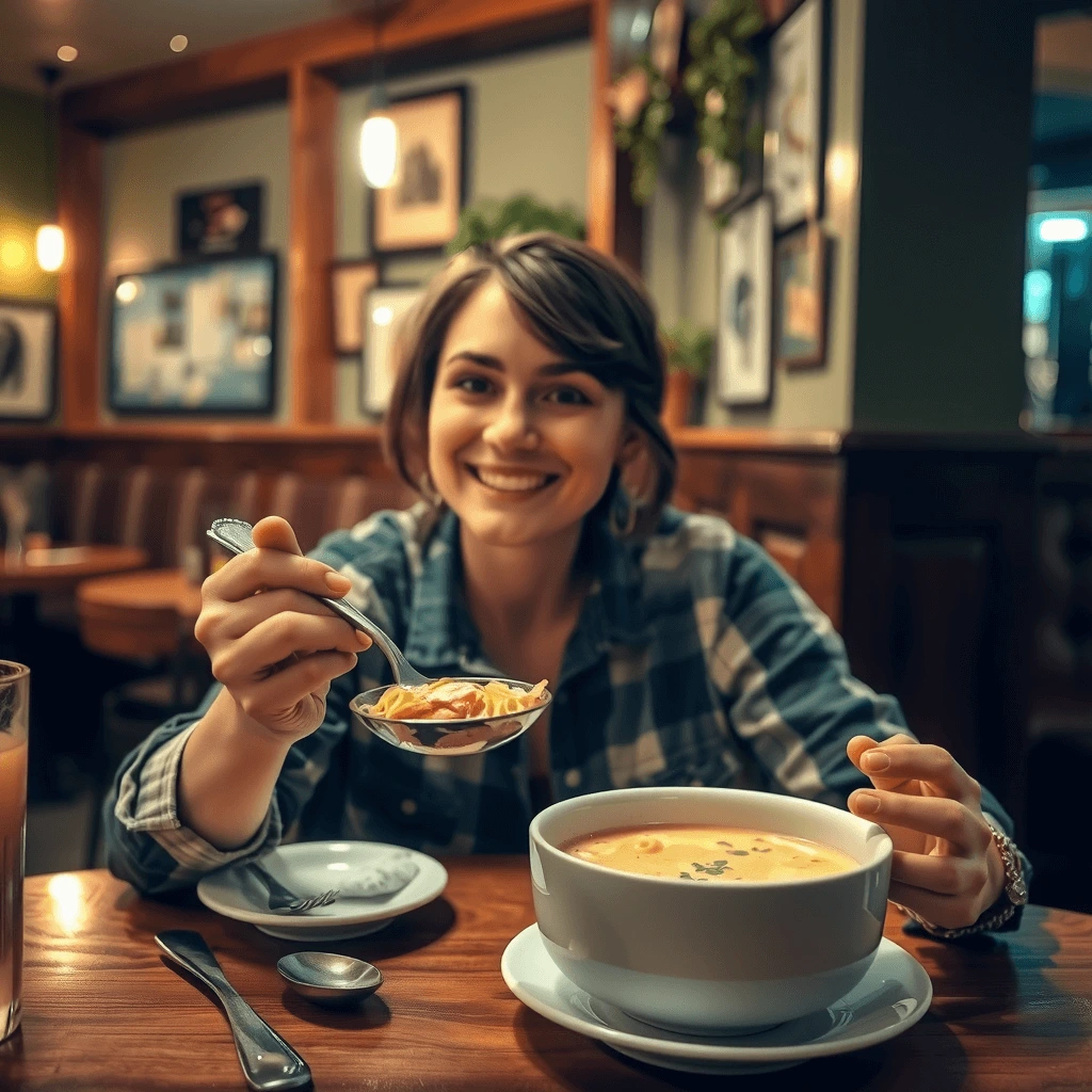A person enjoying a bowl of chicken soup at a cozy restaurant, smiling while taking a bite.